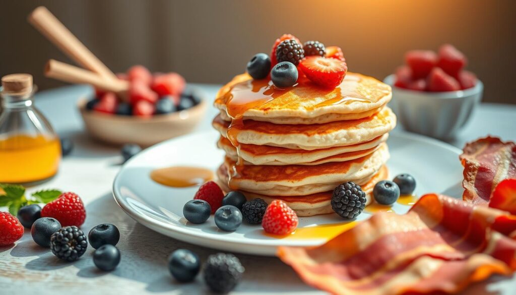 A delectable high-protein breakfast arrangement featuring a stack of fluffy pancakes, accompanied by a generous scattering of fresh berries, a drizzle of honey, and a side of crisp bacon. The scene is bathed in warm, natural lighting, capturing the inviting textures and vibrant colors of this nutritious and satisfying morning meal. The composition is balanced and centered, emphasizing the key elements that make this breakfast both visually appealing and packed with essential nutrients to fuel the body and mind. Pristine studio lighting and a shallow depth of field create a professional, editorial-style photograph.