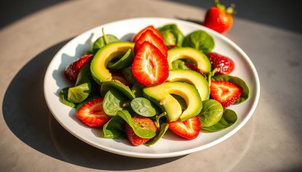 A delightful and vibrant strawberry avocado spinach salad, artfully arranged on a modern white plate. The ripe avocado slices are elegantly placed, contrasting beautifully with the deep green spinach leaves and juicy red strawberries. The lighting is warm and natural, creating a inviting, appetizing scene. The salad appears fresh, crisp, and nourishing, capturing the essence of a healthy and satisfying meal. The composition is balanced, drawing the eye to the vibrant colors and textures of the ingredients. This salad looks like the perfect choice to enjoy and savor.