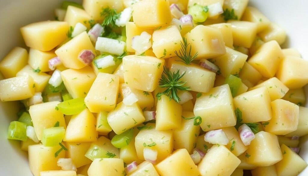 A visually appealing and nutritious potato salad, composed of vibrant, freshly boiled potatoes tossed with a tangy lemon-herb dressing. The potatoes are evenly cut, retaining a firm yet creamy texture. Interspersed throughout are crunchy celery stalks, diced onions, and a sprinkling of fresh parsley and dill, creating a harmonious blend of flavors and textures. The salad is neatly arranged in a shallow, white serving bowl, illuminated by natural lighting to showcase its appetizing appearance. The overall composition exudes a sense of freshness, balance, and healthy indulgence, perfectly complementing the article's focus on the benefits of this lemon and herb-infused potato salad.