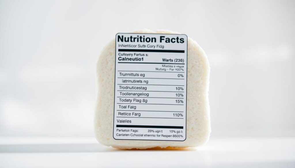 High-contrast close-up photograph of a white nutrition facts label against a soft, diffused background. The label is centered, with clear legibility of the nutritional information for "Cloud Bread", including macronutrients, micronutrients, and calorie counts. The lighting is natural and flattering, with a slight vignette effect to draw the eye to the label. The depth of field is shallow, creating a dreamy, ethereal atmosphere. The overall mood is clean, minimal, and informative, perfectly suited to illustrating the "Nutritional Information and Meal Planning with Cloud Bread" section of the article.