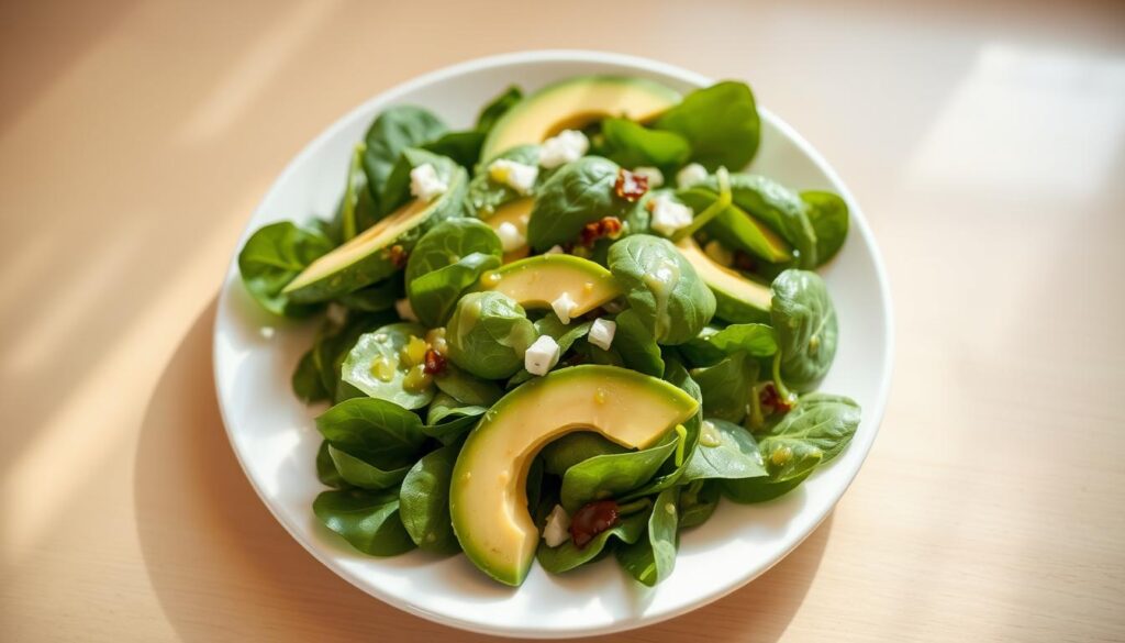 Perfectly composed spinach avocado salad with vibrant green leaves, creamy avocado slices, and a drizzle of light vinaigrette. The salad is artfully arranged on a white plate, accentuating the natural colors and textures. Soft, natural lighting illuminates the scene, creating a warm, inviting atmosphere. The image is captured from a slightly elevated angle, giving a clean, professional look. The overall presentation is visually appealing and showcases the delicious blend of sweet and savory flavors.